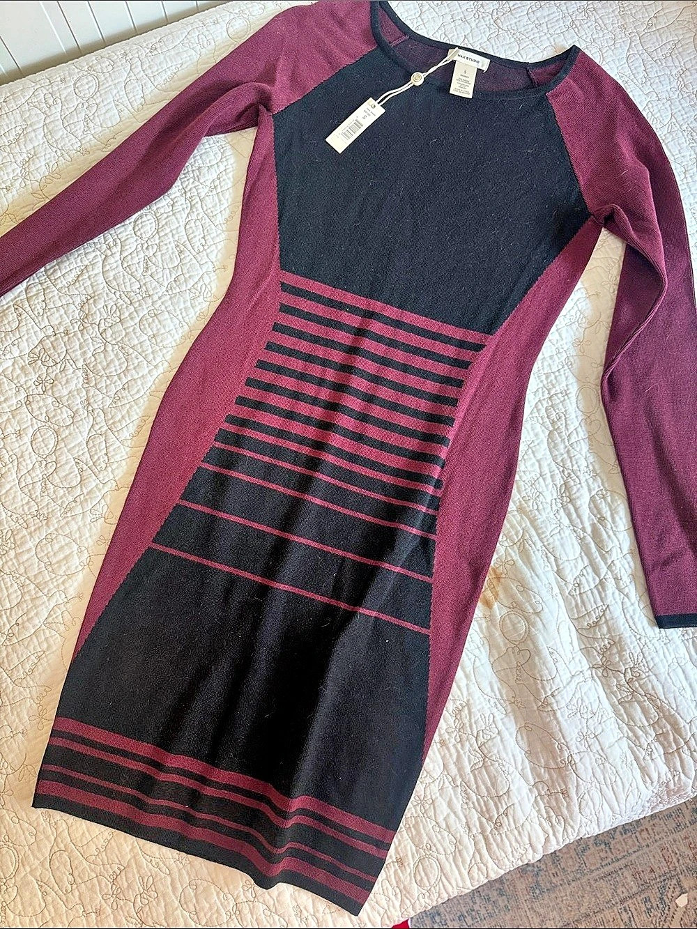 Max Studio Striped Color Block Rayon Dress in Black & Burgundy Small N